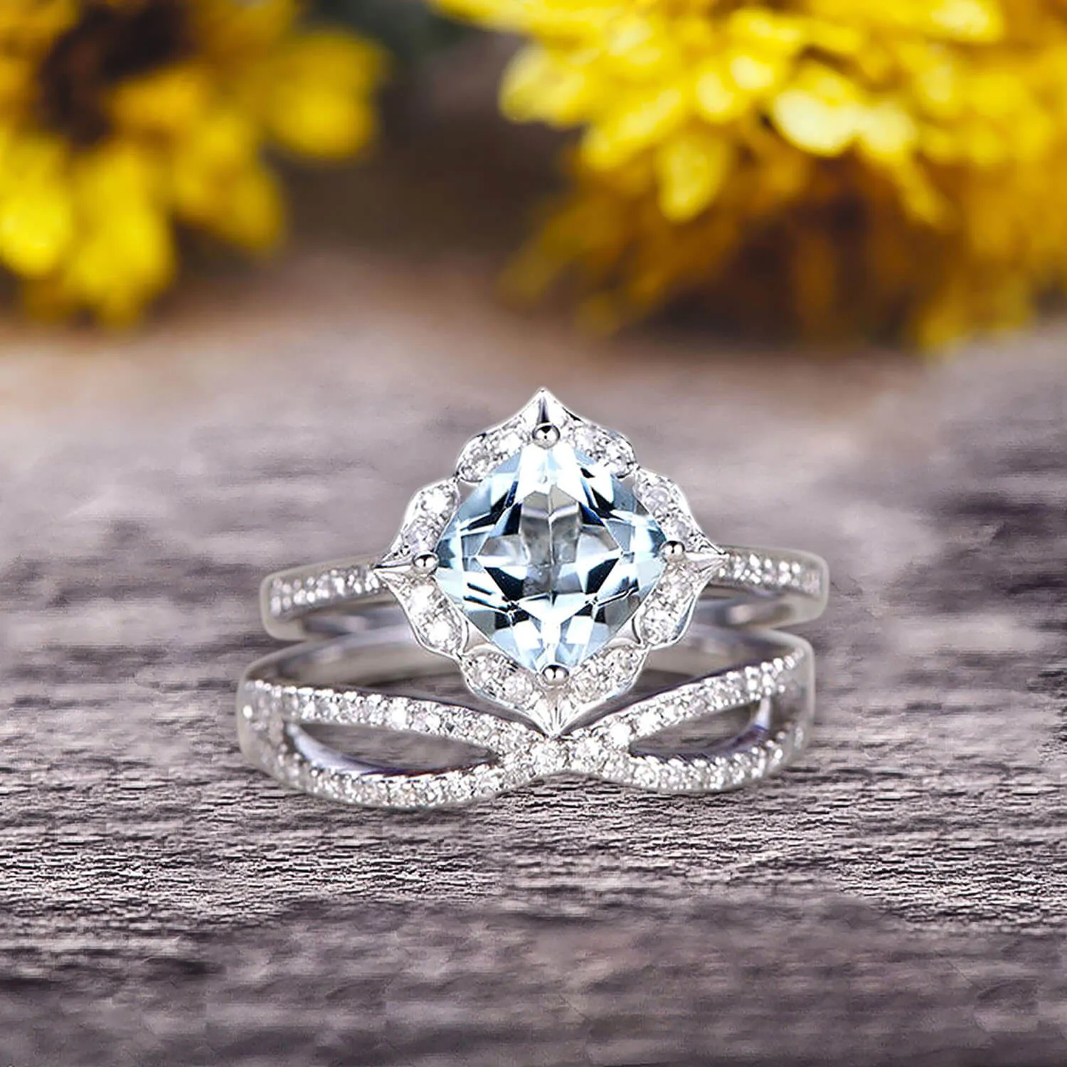 10k White Gold 1.75 Carat Cushion Cut Aquamarine Engagement Rings With Twisted Wedding Band Moissanite Diamonds Halo Design Art Deco