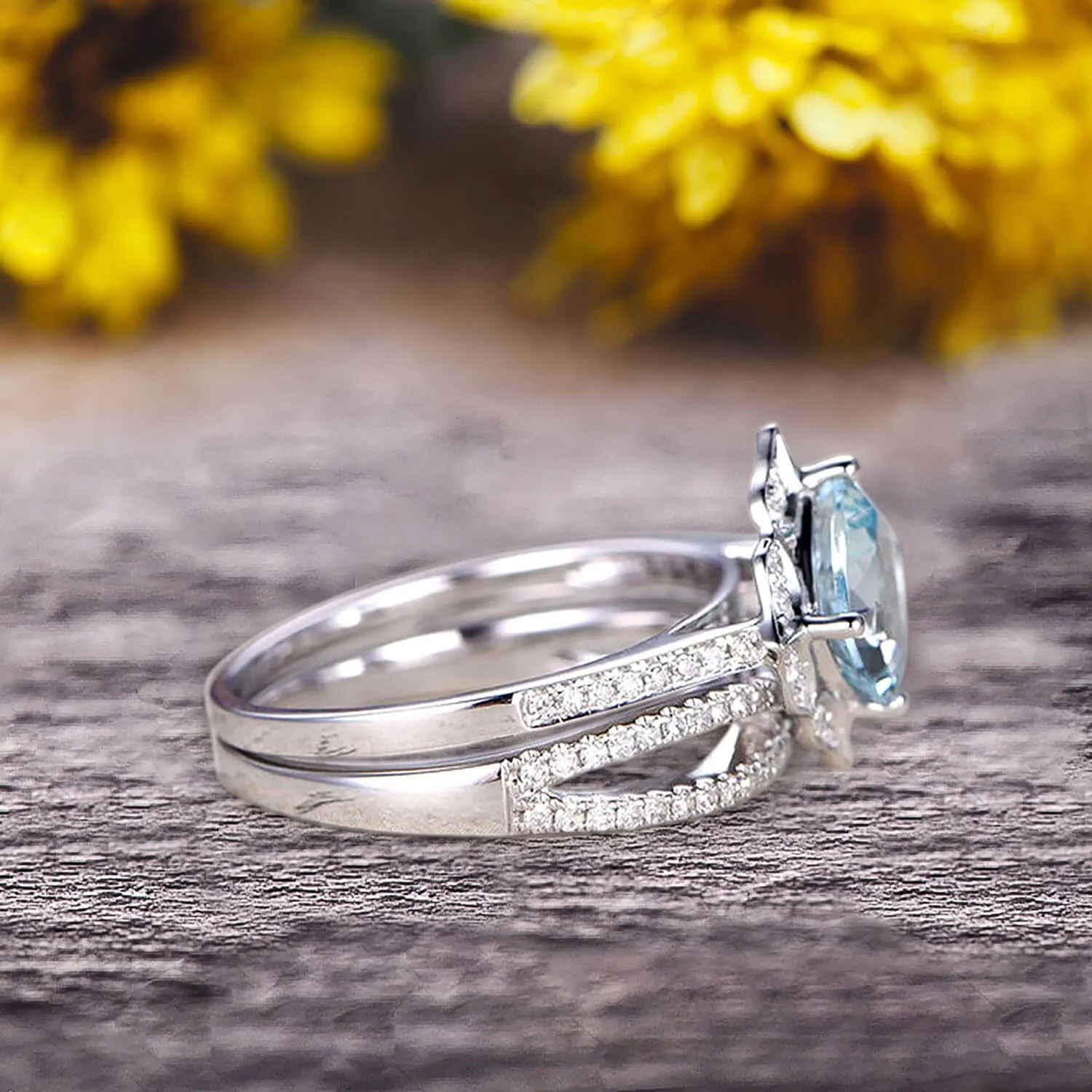 10k White Gold 1.75 Carat Cushion Cut Aquamarine Engagement Rings With Twisted Wedding Band Moissanite Diamonds Halo Design Art Deco