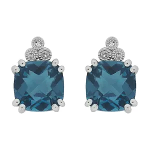 10K White Gold Cushion Cut London Blue Topaz with Diamond Stud Earrings