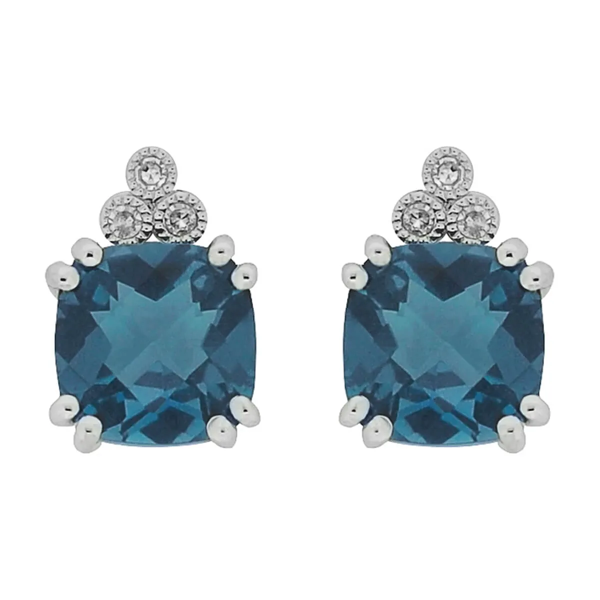 10K White Gold Cushion Cut London Blue Topaz with Diamond Stud Earrings