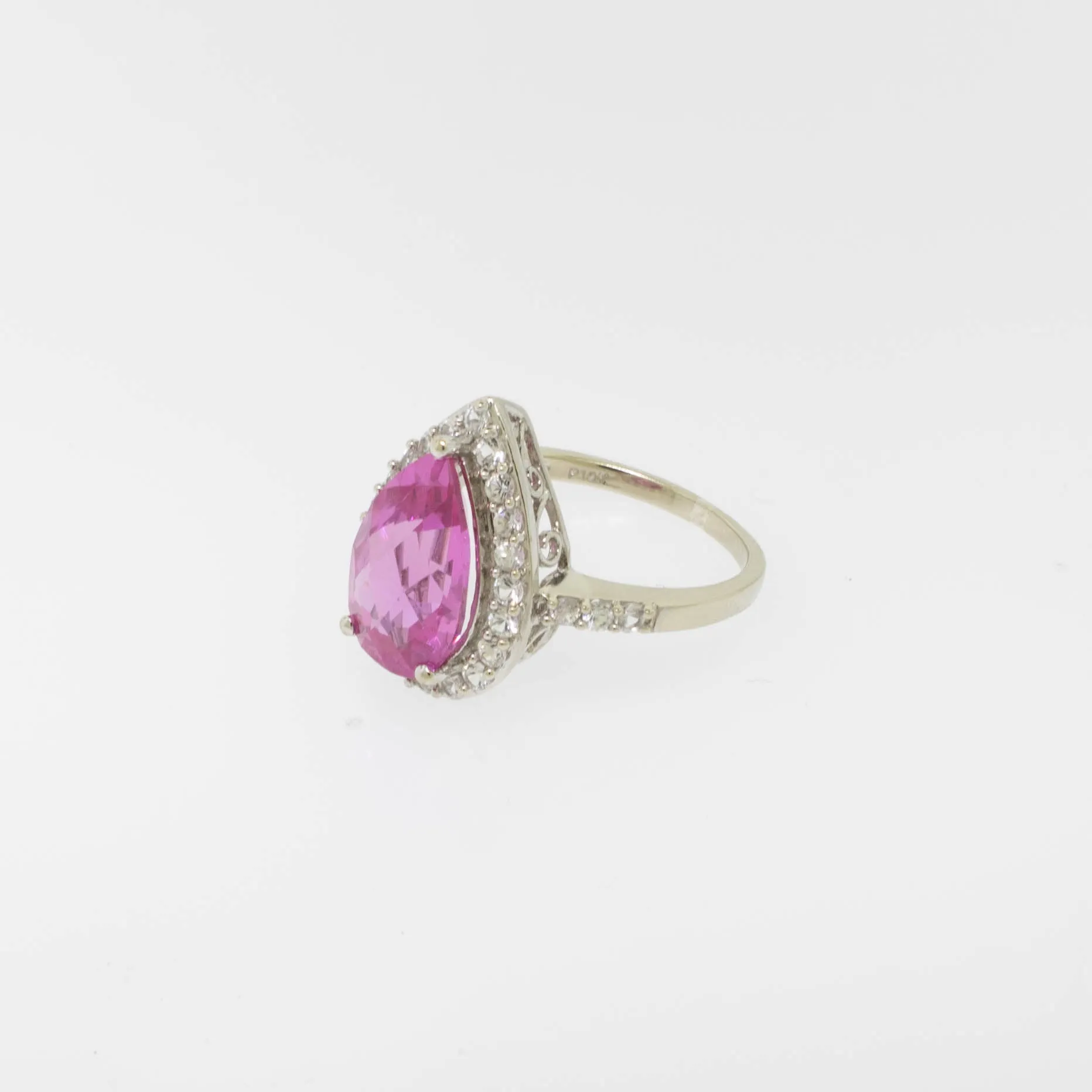 10K White Gold Imitation Pink and Clear Stone Ring Size 8 (Estate Ring)