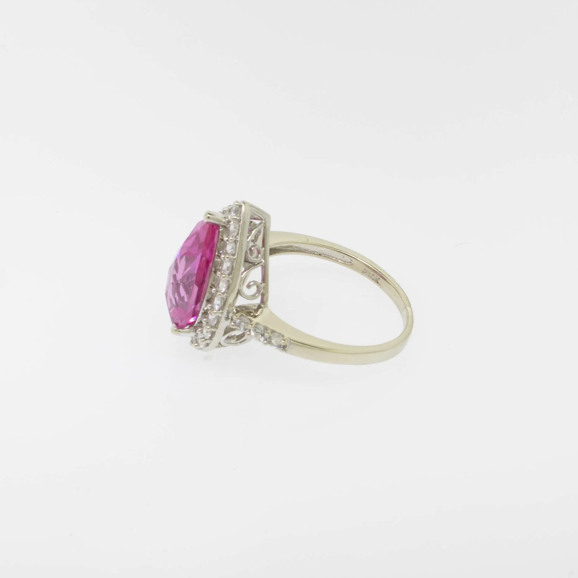 10K White Gold Imitation Pink and Clear Stone Ring Size 8 (Estate Ring)