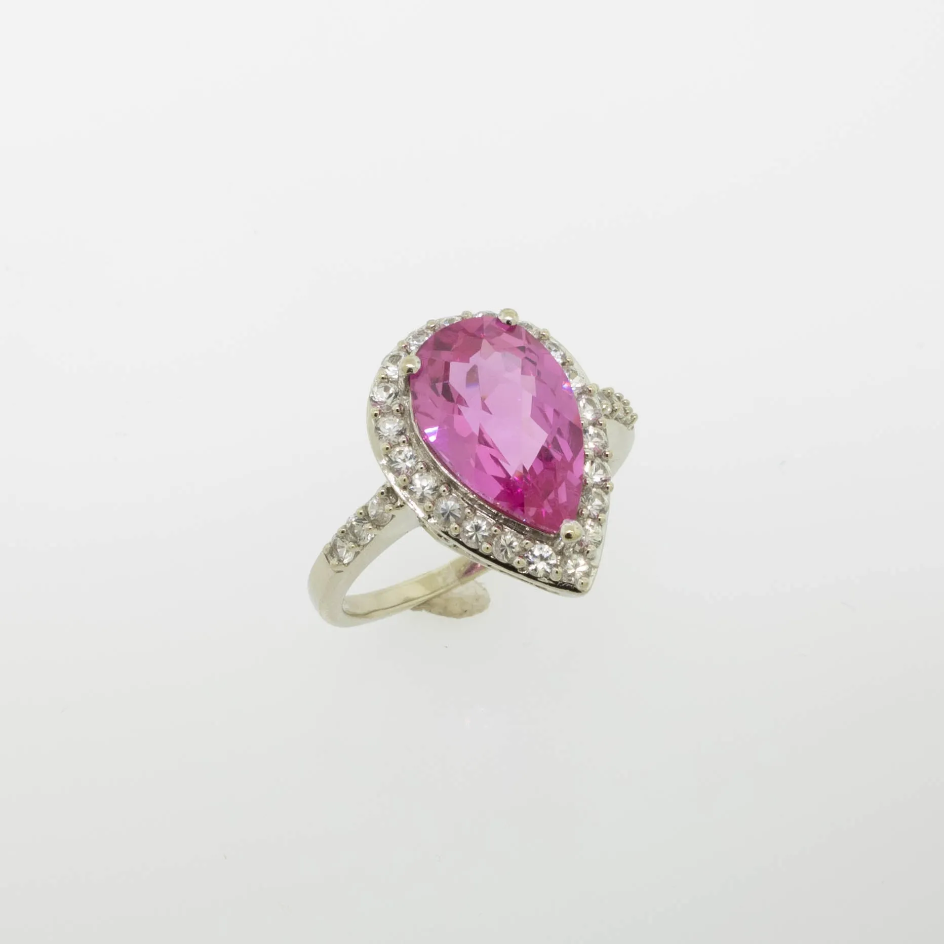 10K White Gold Imitation Pink and Clear Stone Ring Size 8 (Estate Ring)