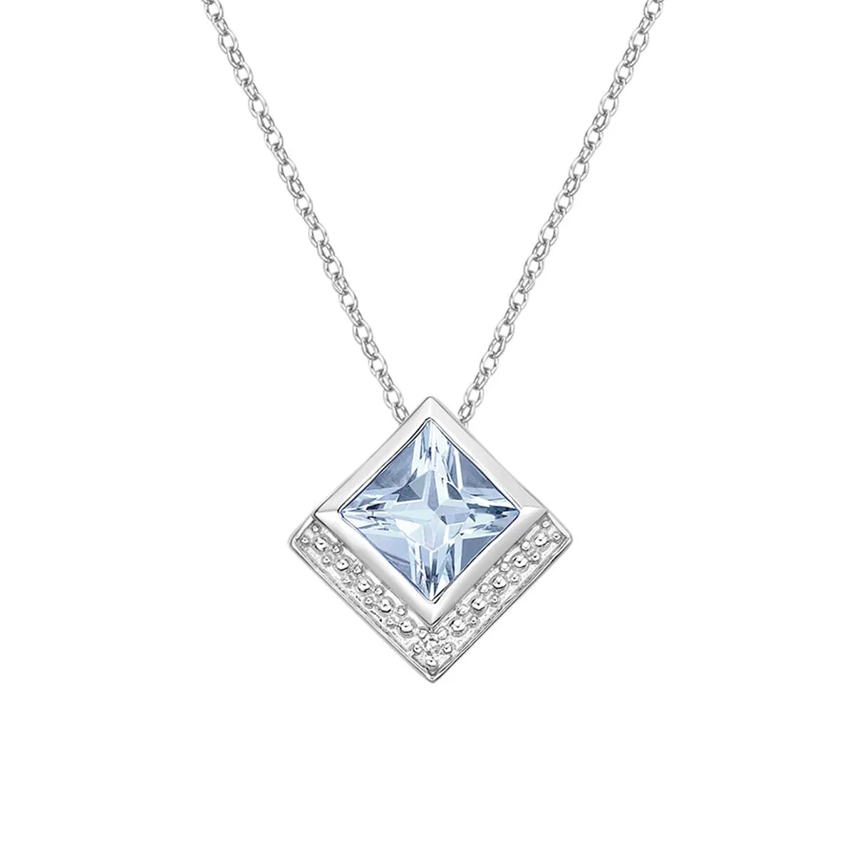 10K White Gold Princess Cut Aquamarine with Diamond Pendant & 17-18" Chain