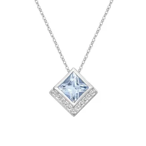 10K White Gold Princess Cut Aquamarine with Diamond Pendant & 17-18" Chain