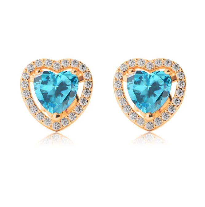 10k Yellow Gold Plated 1/2 Ct Created Halo Heart Blue Topaz Stud Earrings