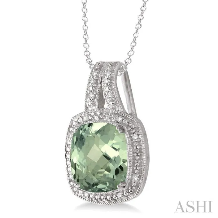 10x10  MM Cushion Shape Green Amethyst and 1/20 ctw Single Cut Diamond Pendant in Sterling Silver with Chain