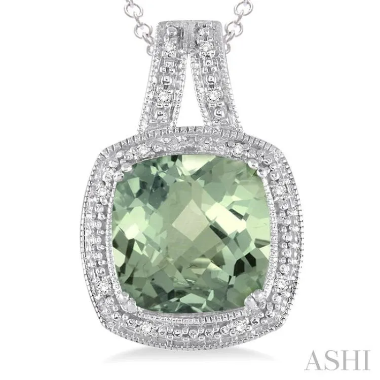 10x10  MM Cushion Shape Green Amethyst and 1/20 ctw Single Cut Diamond Pendant in Sterling Silver with Chain