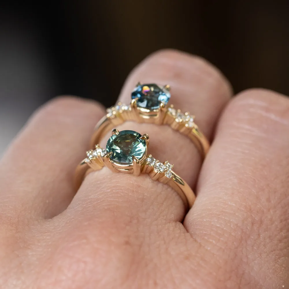 1.16ct Teal Green Madagascar Round Sapphire and Diamond Starry Night Low Profile Solitaire in 14k Yellow Gold