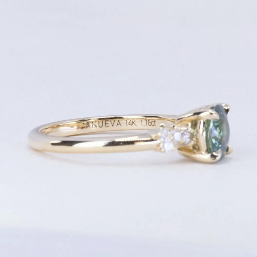 1.16ct Teal Green Madagascar Round Sapphire and Diamond Starry Night Low Profile Solitaire in 14k Yellow Gold