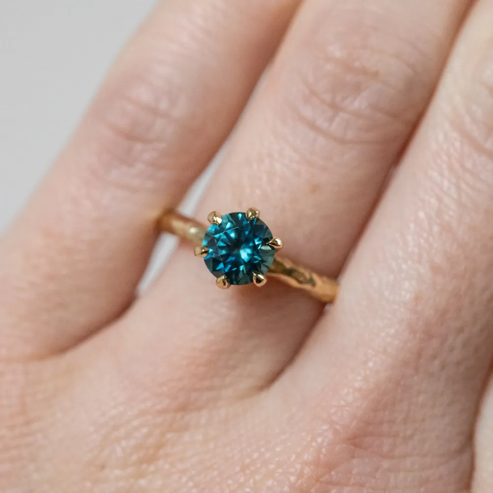 1.44ct Teal Precision Cut Montana Sapphire Evergreen Six Prong Solitaire in 18k Yellow Gold