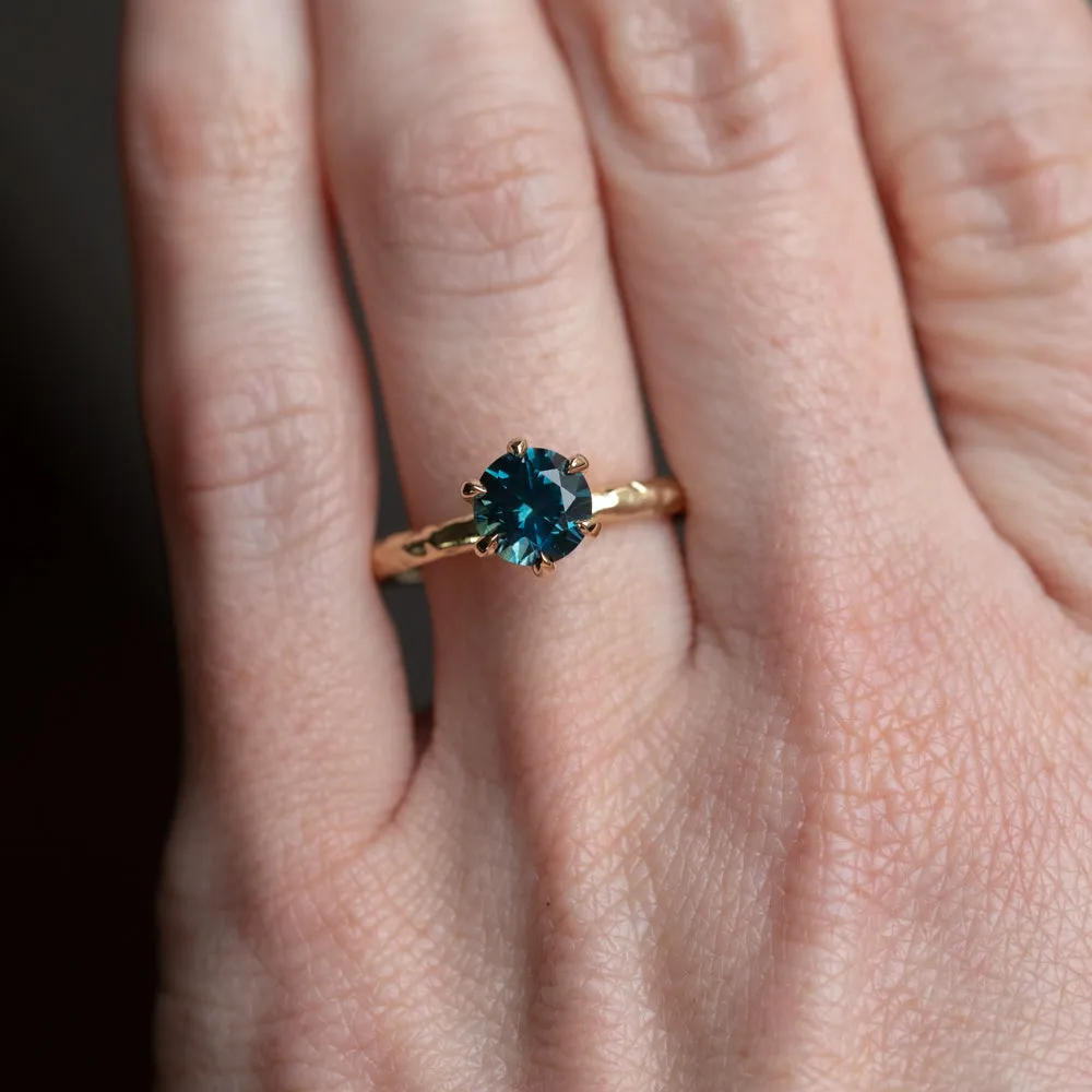 1.44ct Teal Precision Cut Montana Sapphire Evergreen Six Prong Solitaire in 18k Yellow Gold