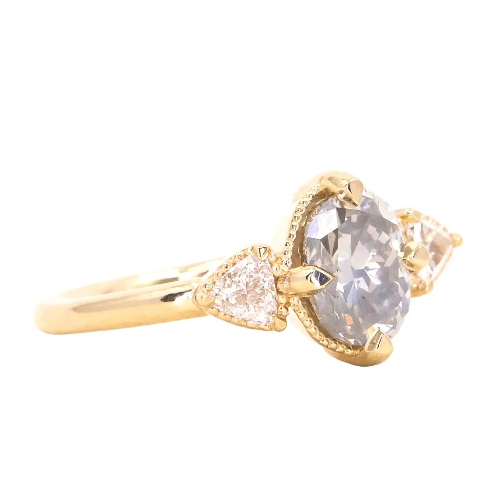 1.45ct Grey Diamond Three Stone Antique Milgrain Low Profile Ring in 14k Yellow Gold