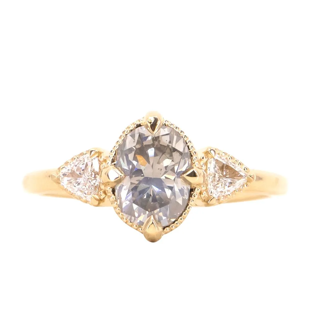 1.45ct Grey Diamond Three Stone Antique Milgrain Low Profile Ring in 14k Yellow Gold