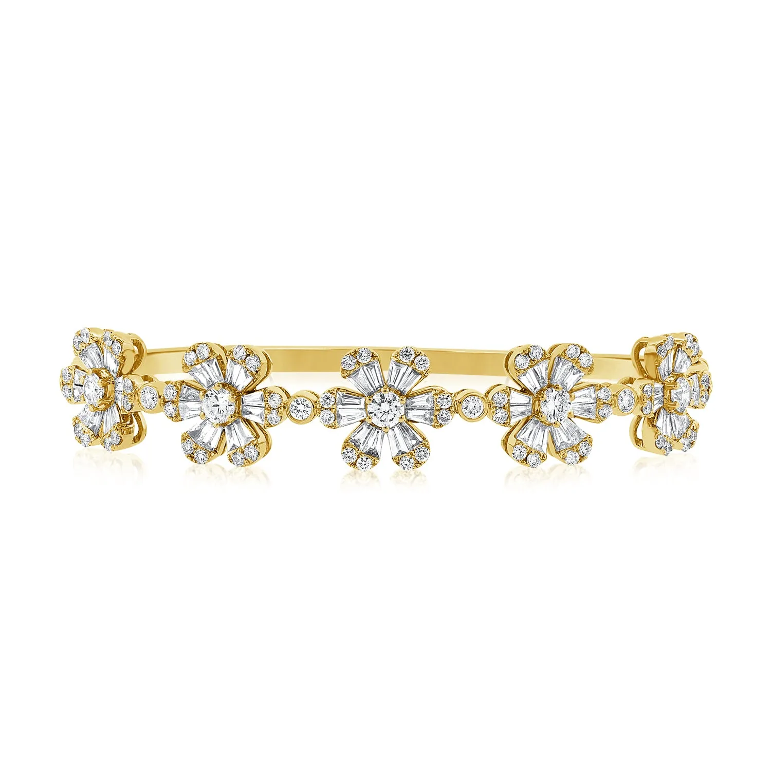 14K Gold & Diamond 5-Station Flower Bangle - 3.22ct