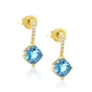 14K Gold Princess Cut Blue Topaz and Diamonds Earrings