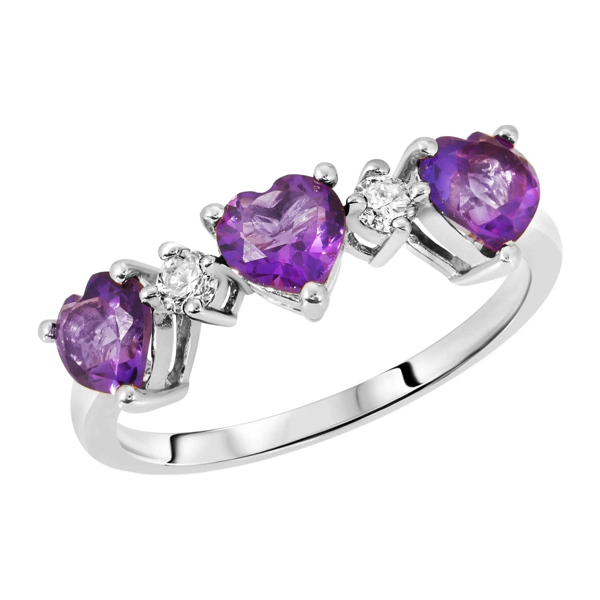 14K Solid White Gold Ring Triple Heart Design with Natural Diamonds and Natural Purple Amethyst  1.50 CTW