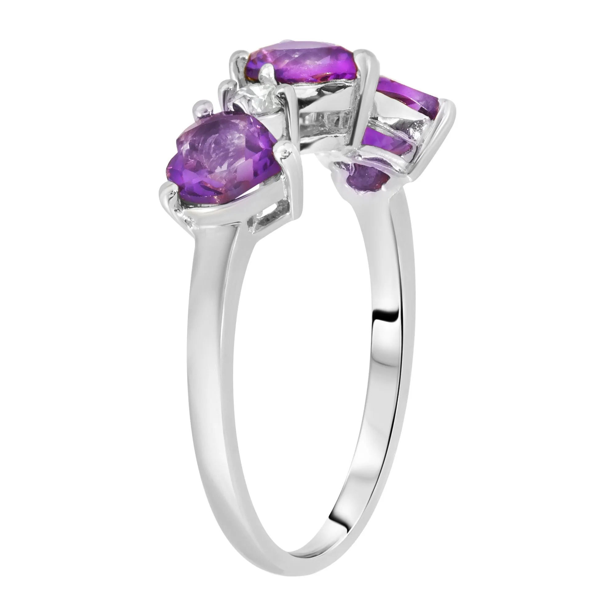 14K Solid White Gold Ring Triple Heart Design with Natural Diamonds and Natural Purple Amethyst  1.50 CTW