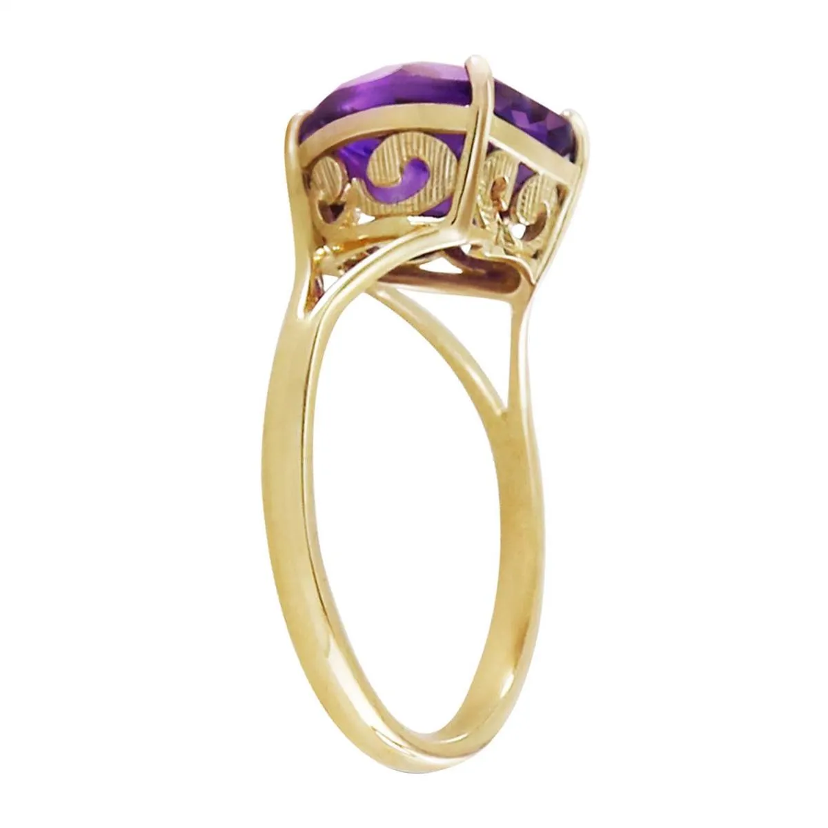 14K Solid Yellow Gold Ring w/ Natural 10.0 mm Heart Amethyst