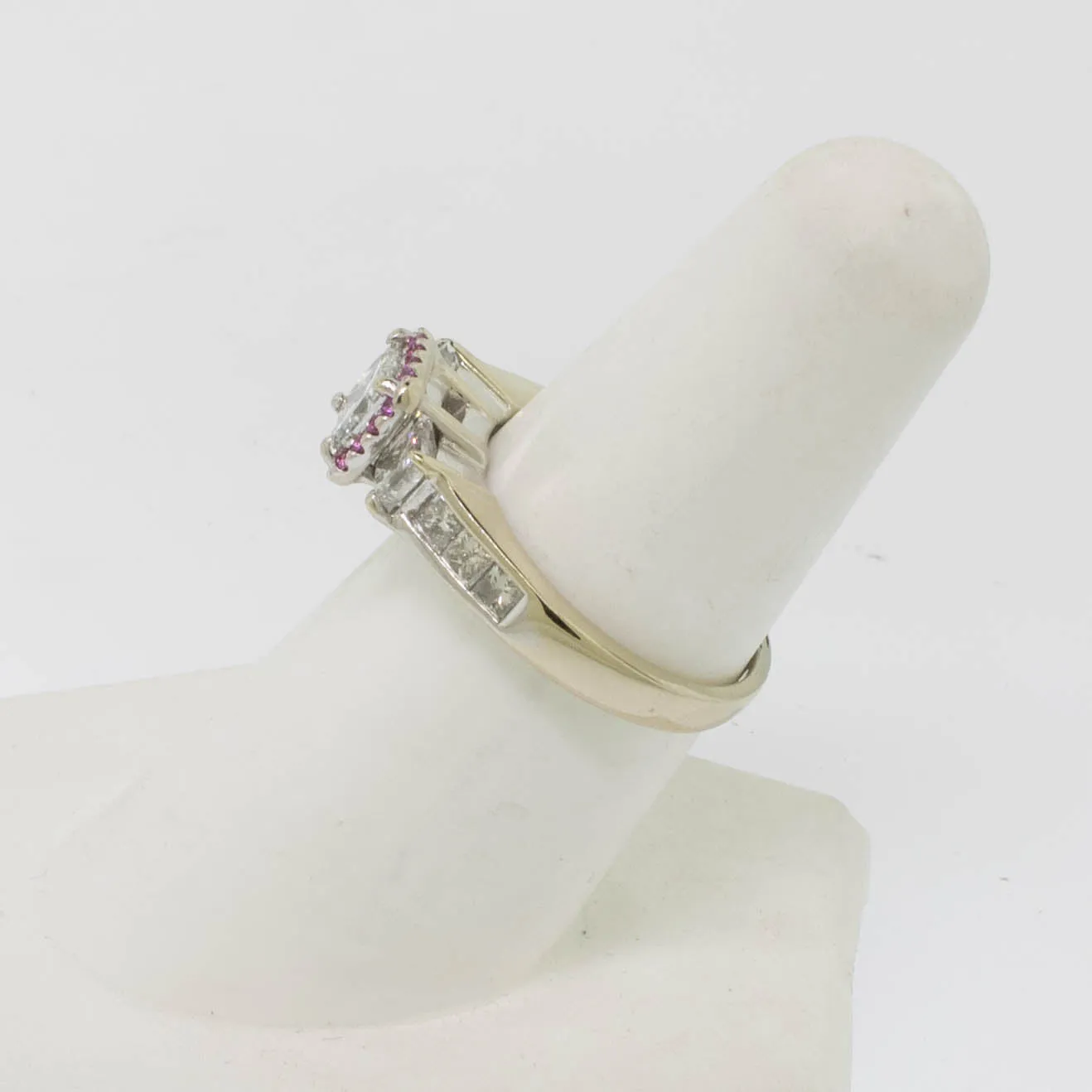 14K White Gold Diamond Ring with Ruby Halo Size 7 Preowned Jewelry