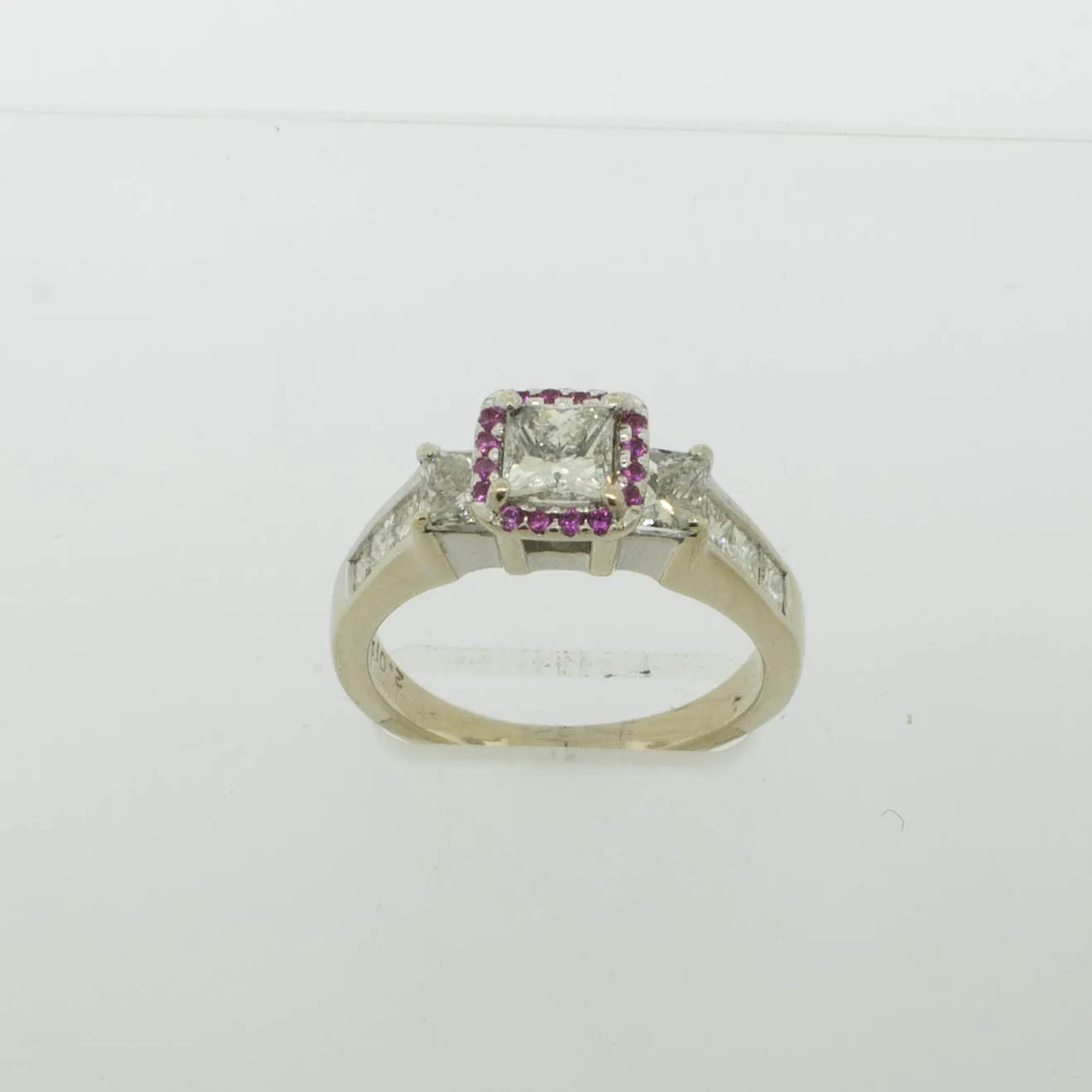 14K White Gold Diamond Ring with Ruby Halo Size 7 Preowned Jewelry