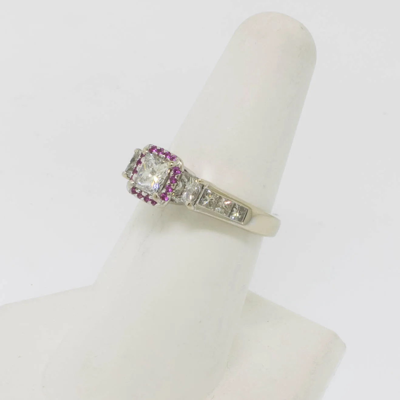 14K White Gold Diamond Ring with Ruby Halo Size 7 Preowned Jewelry