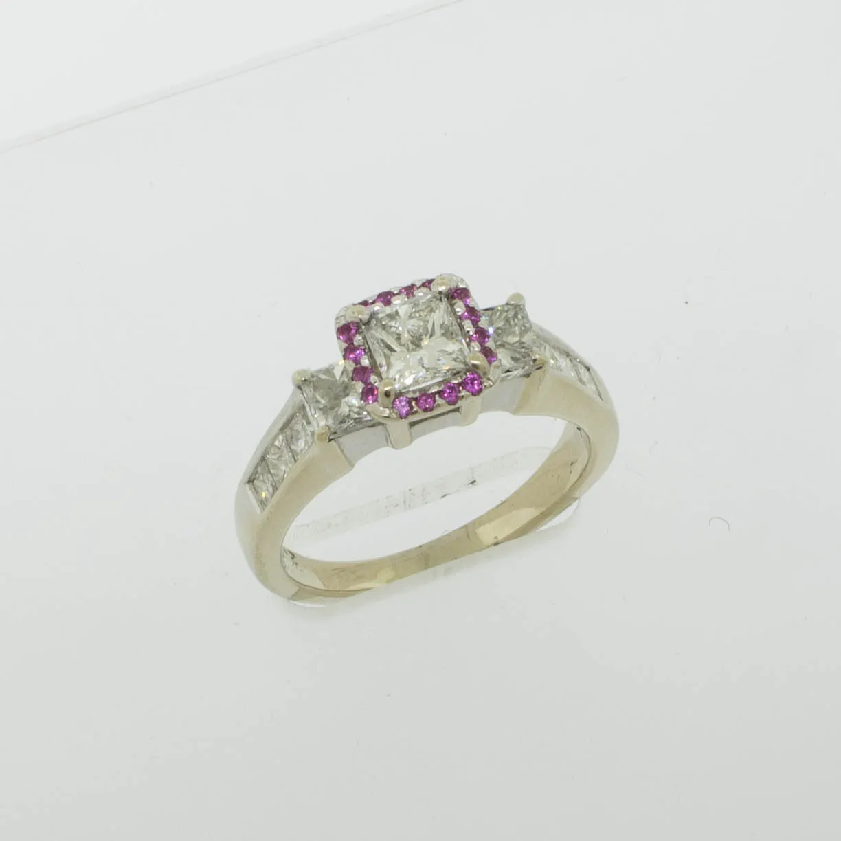 14K White Gold Diamond Ring with Ruby Halo Size 7 Preowned Jewelry