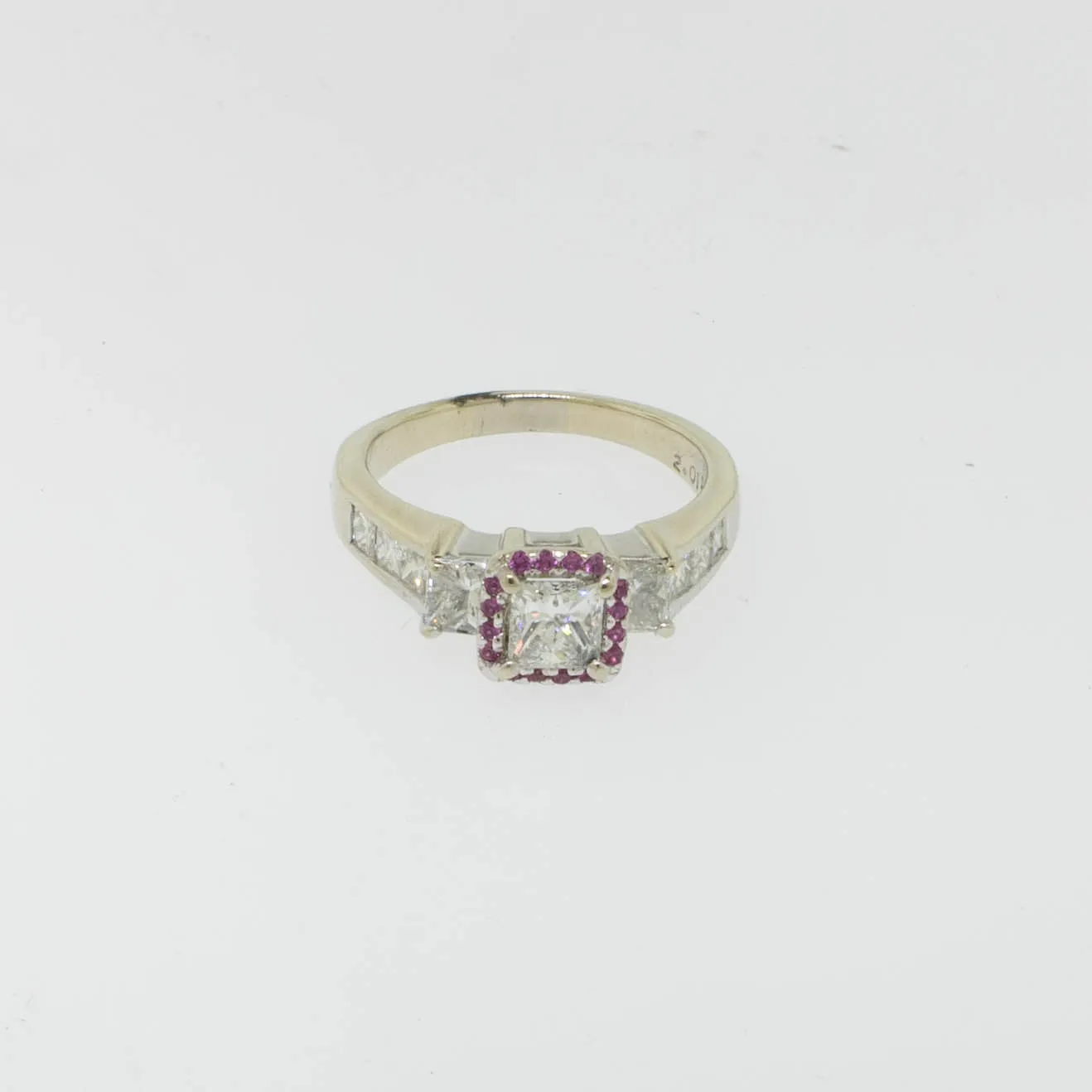 14K White Gold Diamond Ring with Ruby Halo Size 7 Preowned Jewelry