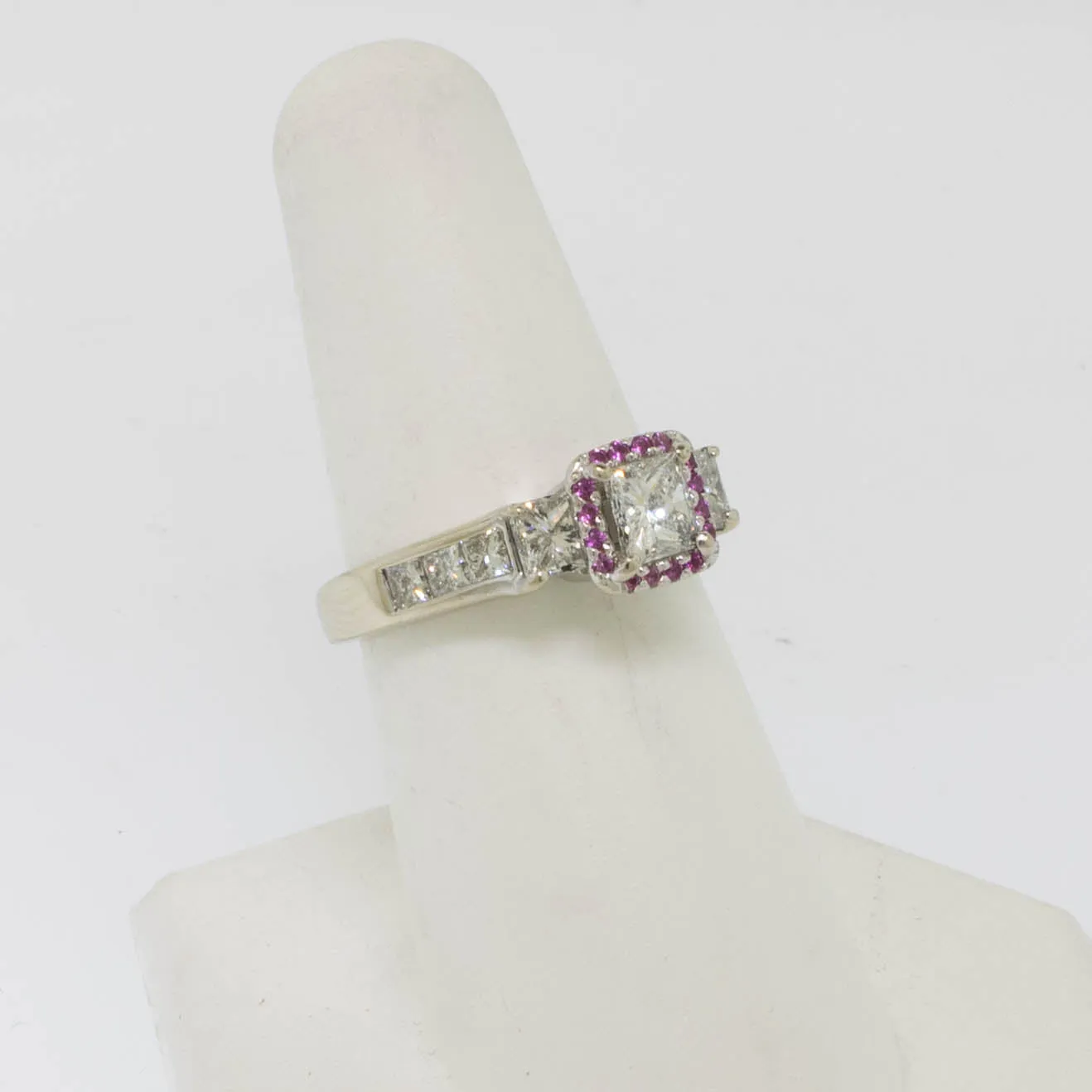 14K White Gold Diamond Ring with Ruby Halo Size 7 Preowned Jewelry