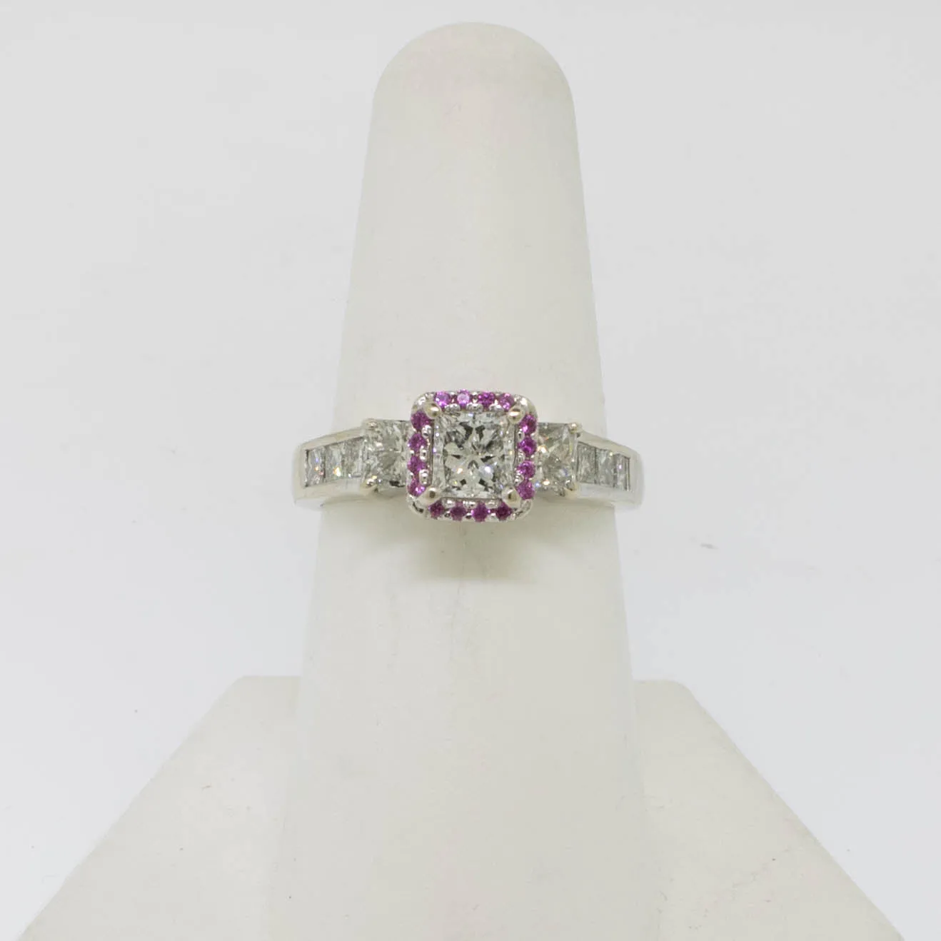 14K White Gold Diamond Ring with Ruby Halo Size 7 Preowned Jewelry