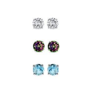 14k White Gold Plated 1Ct Created White Sapphire, Mystic Topaz and Blue Topaz 3 Pair Round Stud Earrings