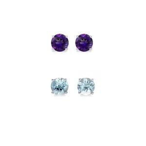 14k White Gold Plated 3Ct Created Amethyst and Aquamarine 2 Pair Round Stud Earrings