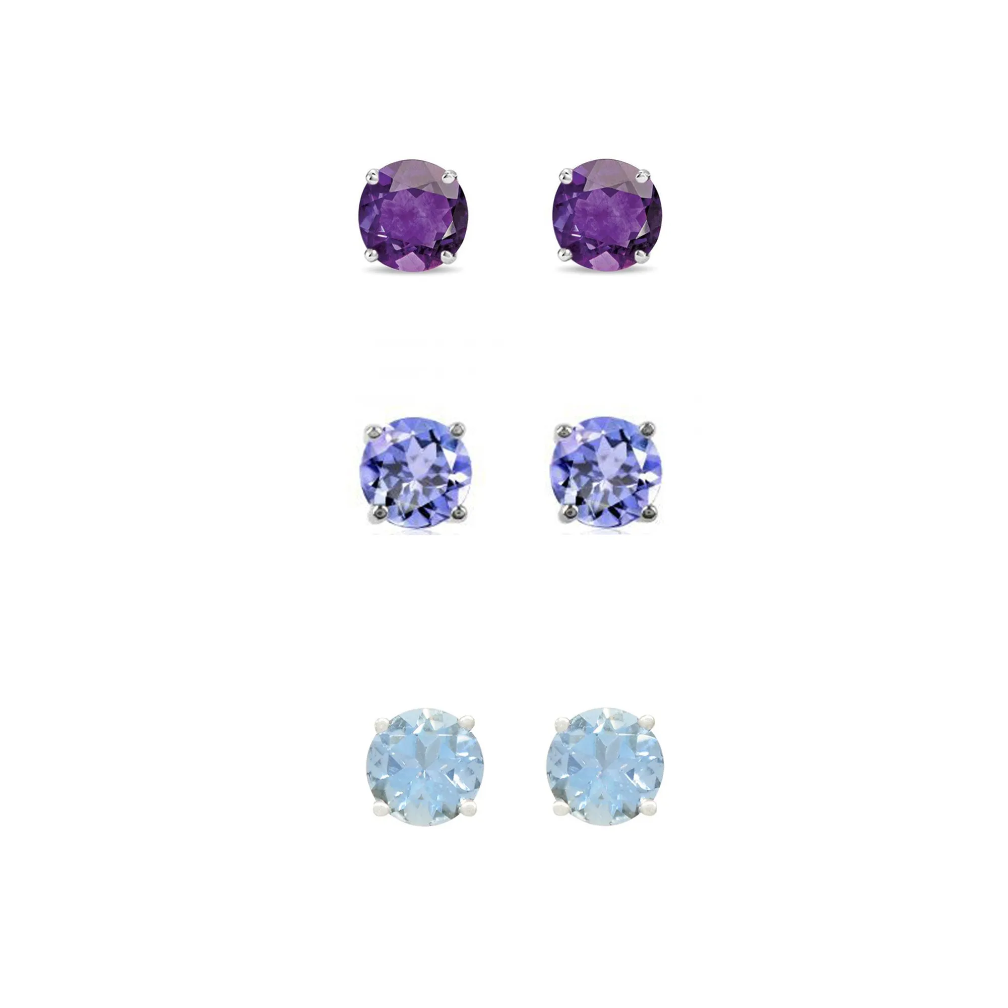 14k White Gold Plated 4Ct Created Amethyst, Tanzanite and Aquamarine 3 Pair Round Stud Earrings