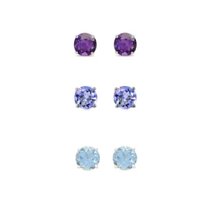 14k White Gold Plated 4Ct Created Amethyst, Tanzanite and Aquamarine 3 Pair Round Stud Earrings