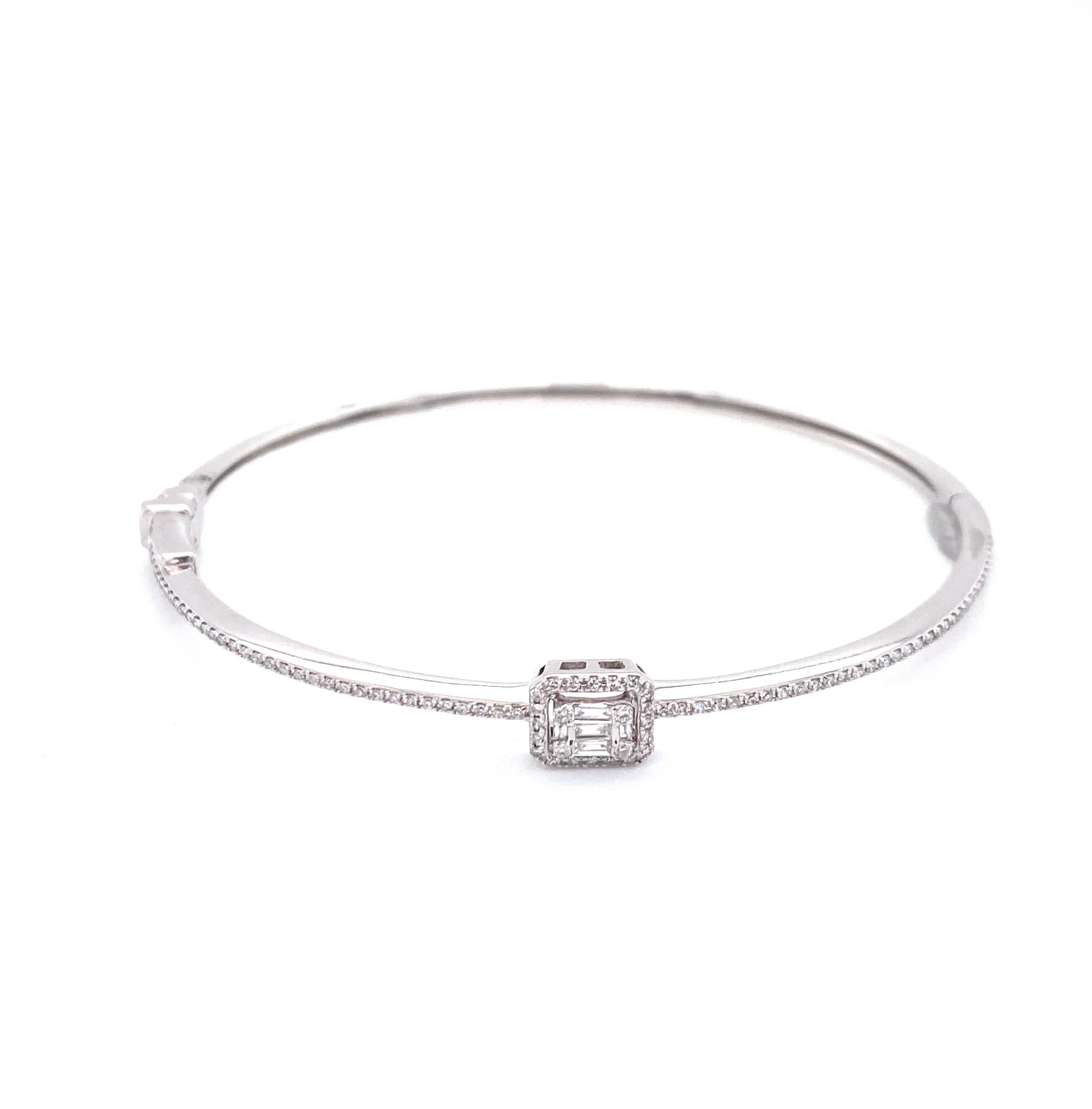 14K White Gold Round   Baguette Diamond Bangle