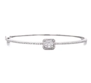 14K White Gold Round   Baguette Diamond Bangle