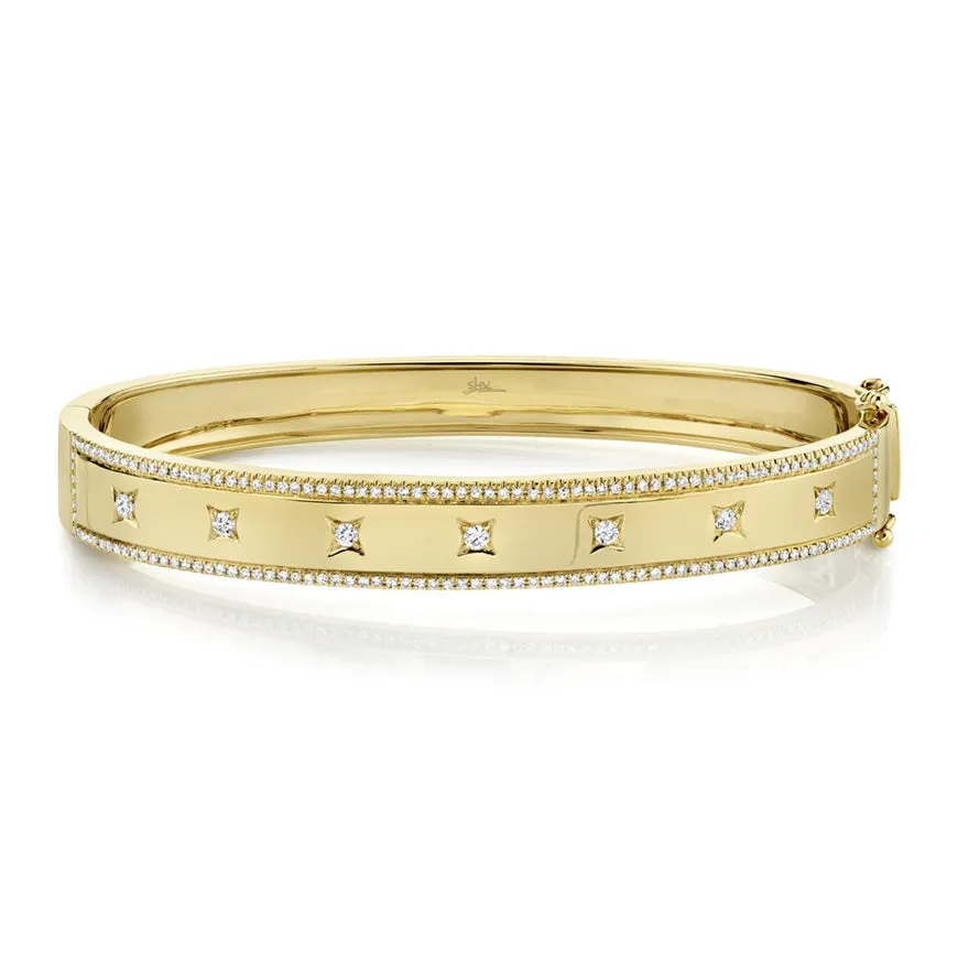 14K Yellow Gold Diamond Border   Square Accent Wide Bangle