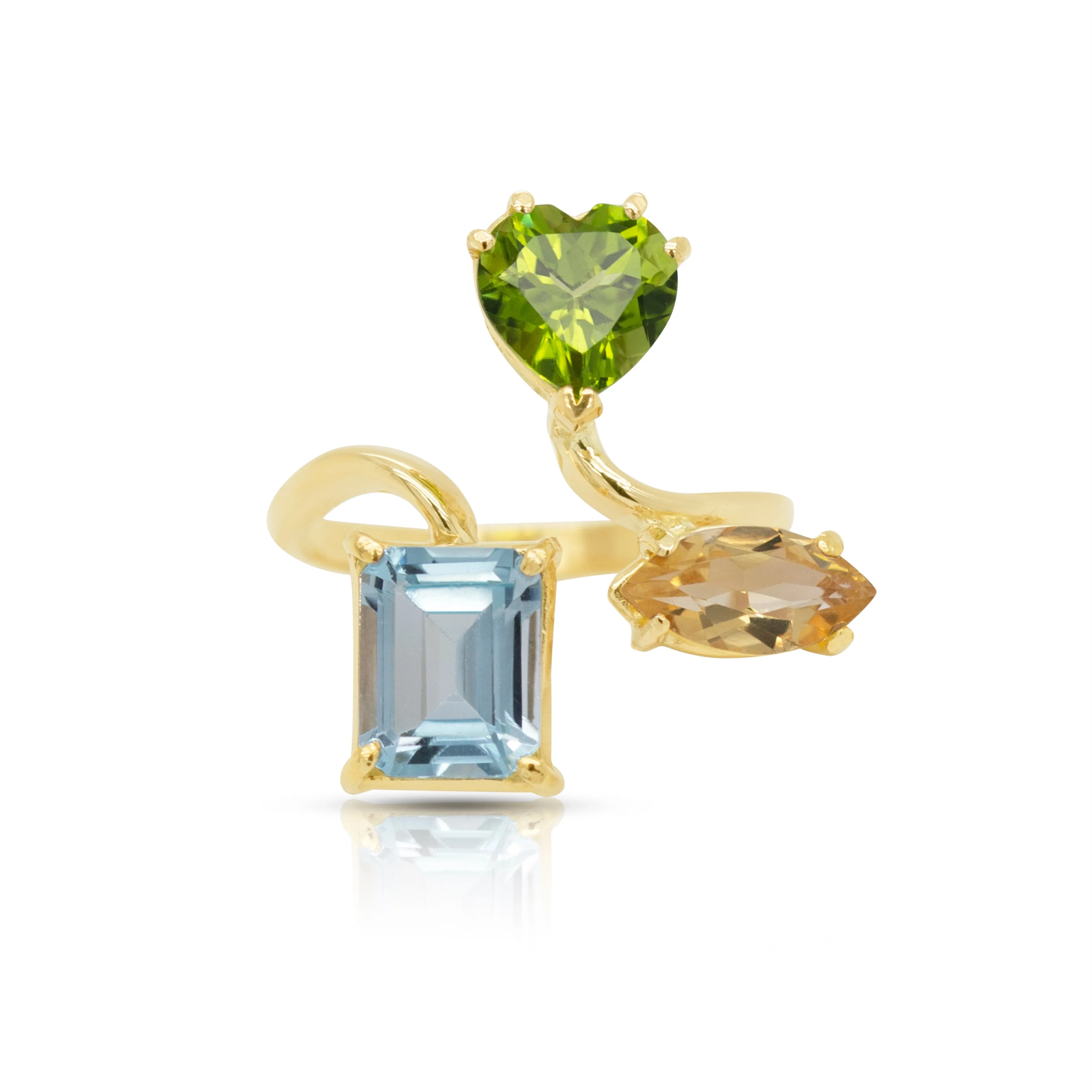 14K Yellow Gold Peridot Heart, Citrine Marquise and Blue Topaz Emerald Cut Gemstones Adjustable Ring