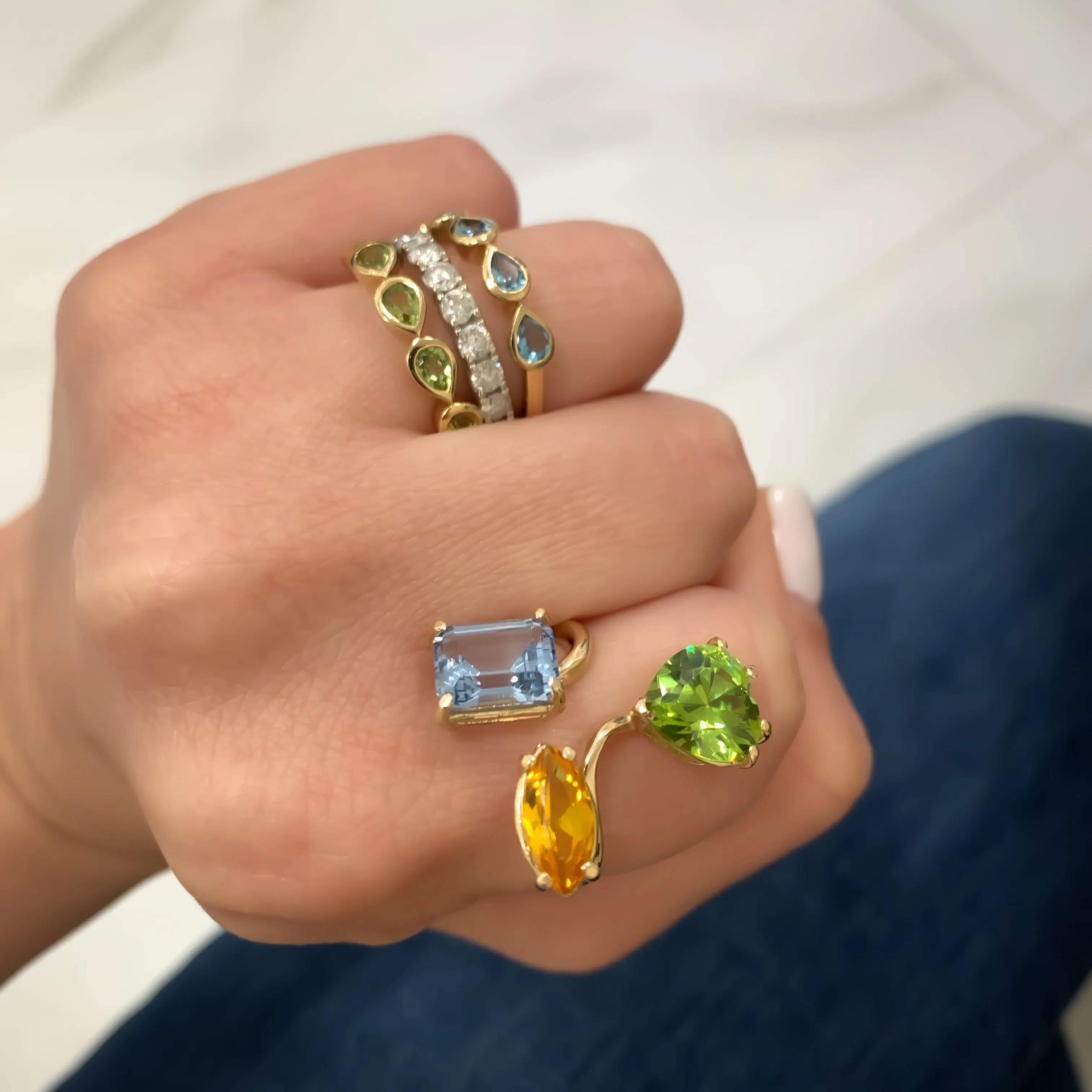 14K Yellow Gold Peridot Heart, Citrine Marquise and Blue Topaz Emerald Cut Gemstones Adjustable Ring