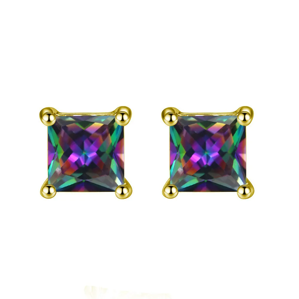 14k Yellow Gold Plated 2 Carat Square Created Mystic Topaz Stud Earrings