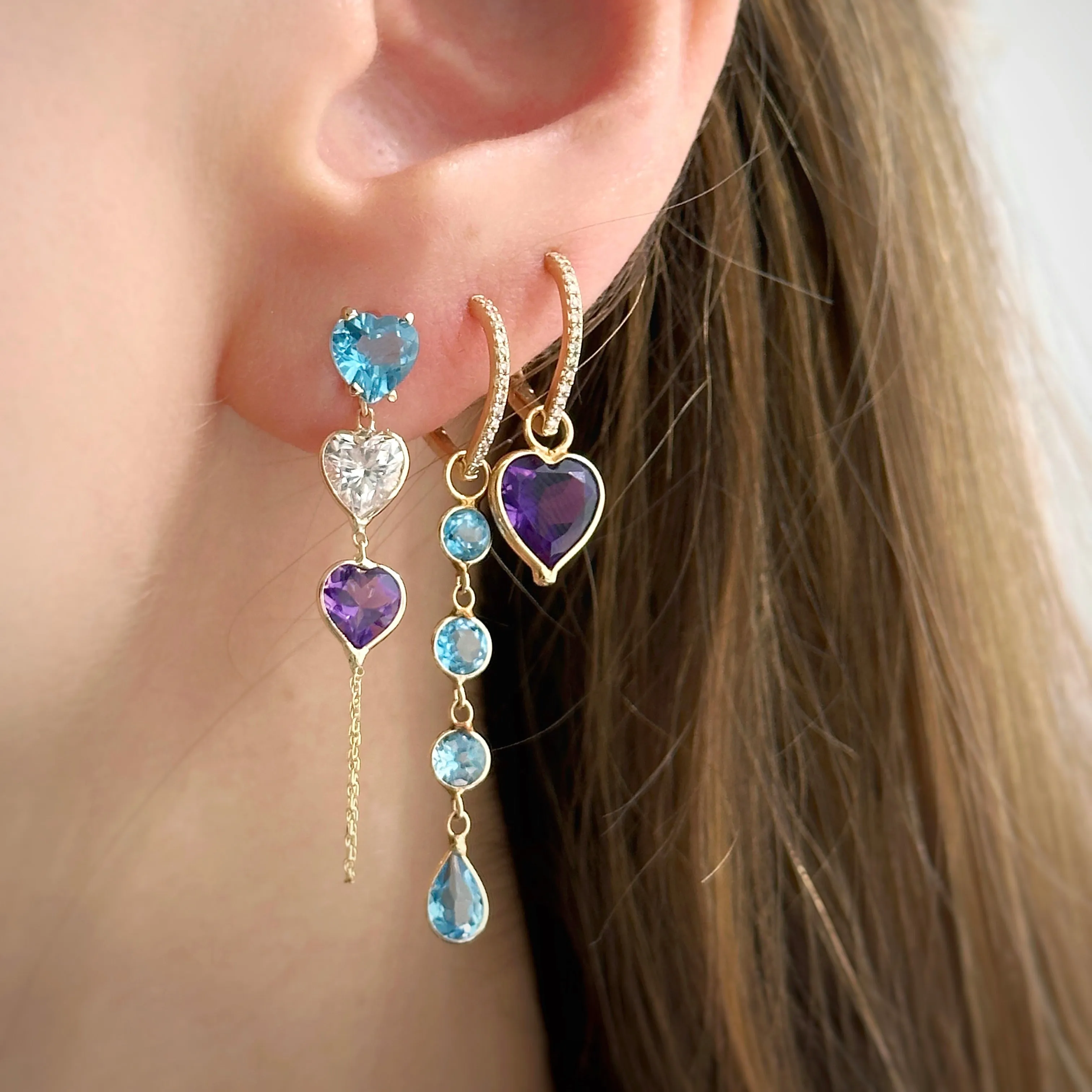 14K Yellow Gold Triple Heart-Shaped Blue Topaz, White And Amethyst Gemstones Chain Studs