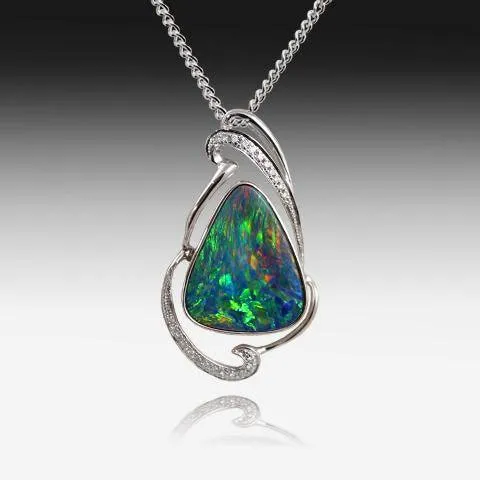 14KT WHITE GOLD OPAL AND DIAMOND PENDANT