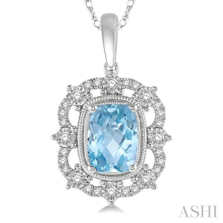 1/5 Ctw Cushion Cut 8x6mm Aquamarine & Round Cut Diamond Semi Precious Pendant With Chain in 10K White Gold