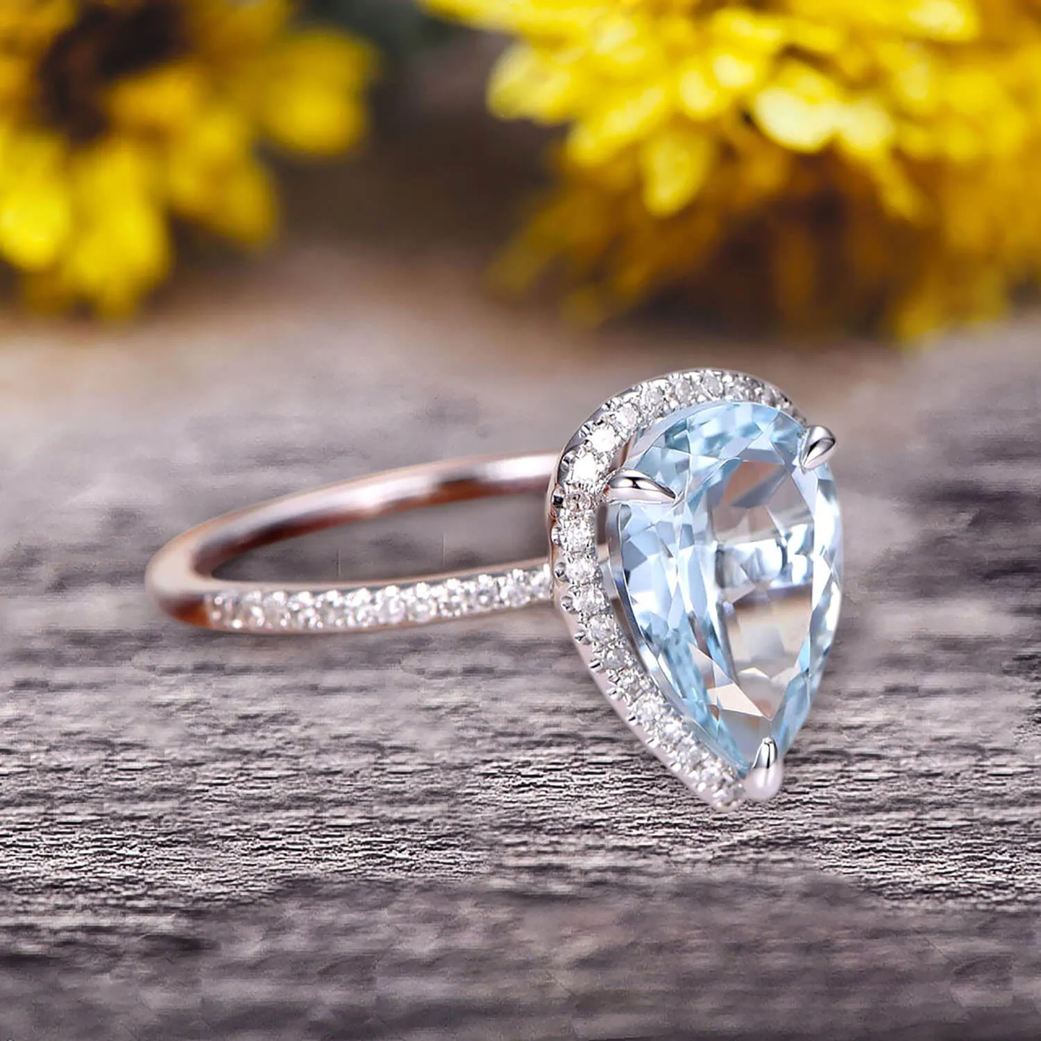 1.50 Carat Pear Shaped Aquamarine Engagement Ring 10k White Gold Halo setting