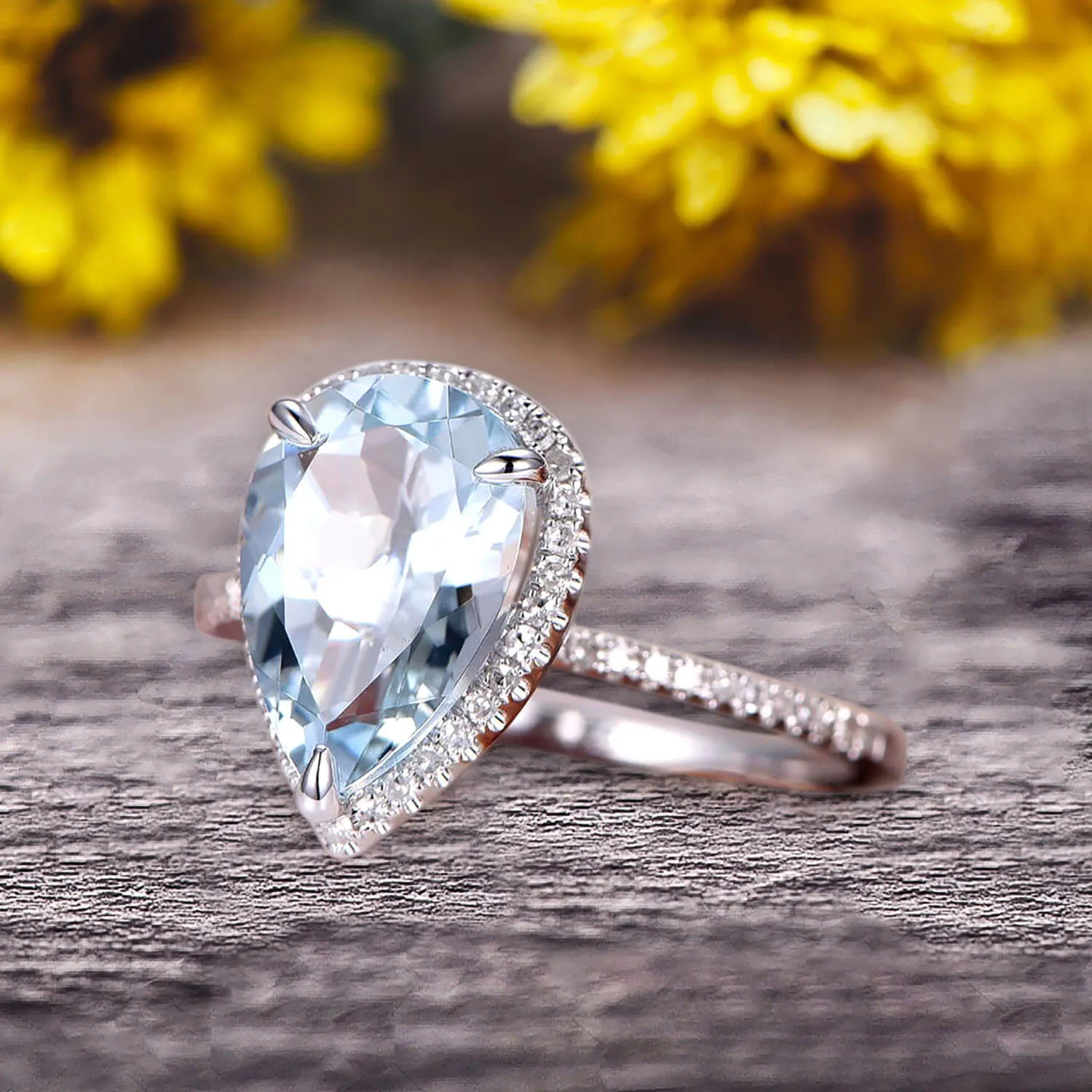 1.50 Carat Pear Shaped Aquamarine Engagement Ring 10k White Gold Halo setting