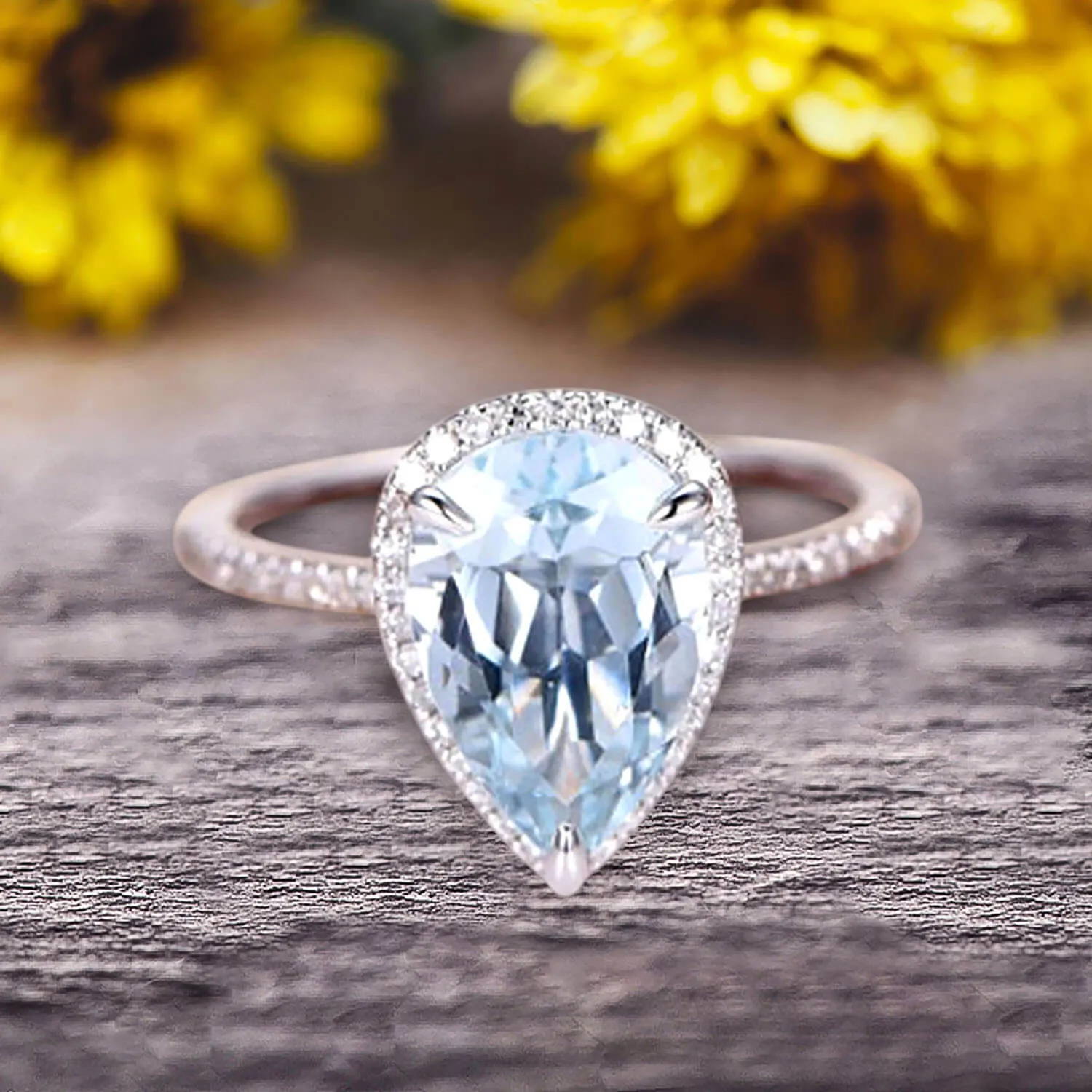 1.50 Carat Pear Shaped Aquamarine Engagement Ring 10k White Gold Halo setting