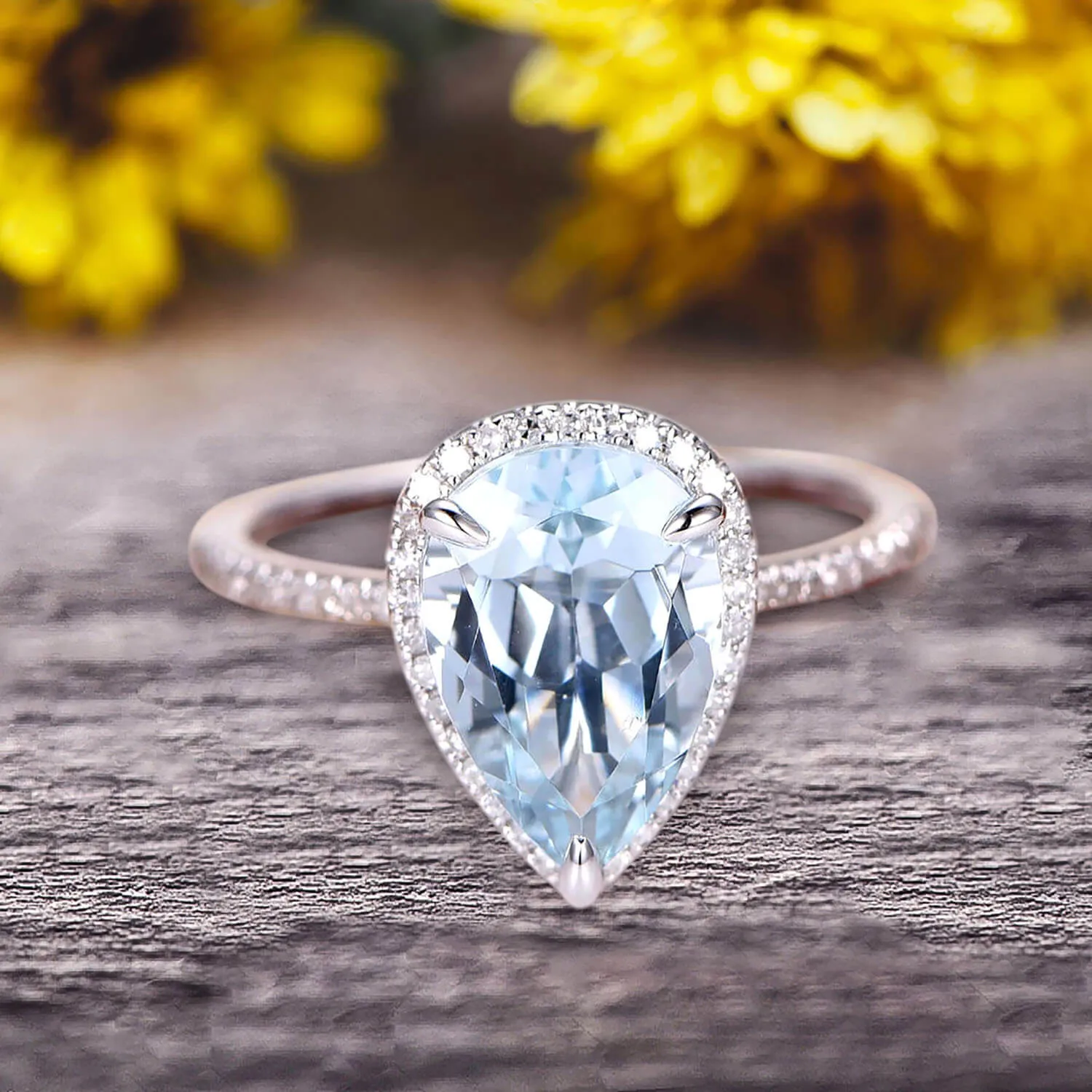 1.50 Carat Pear Shaped Aquamarine Engagement Ring 10k White Gold Halo setting