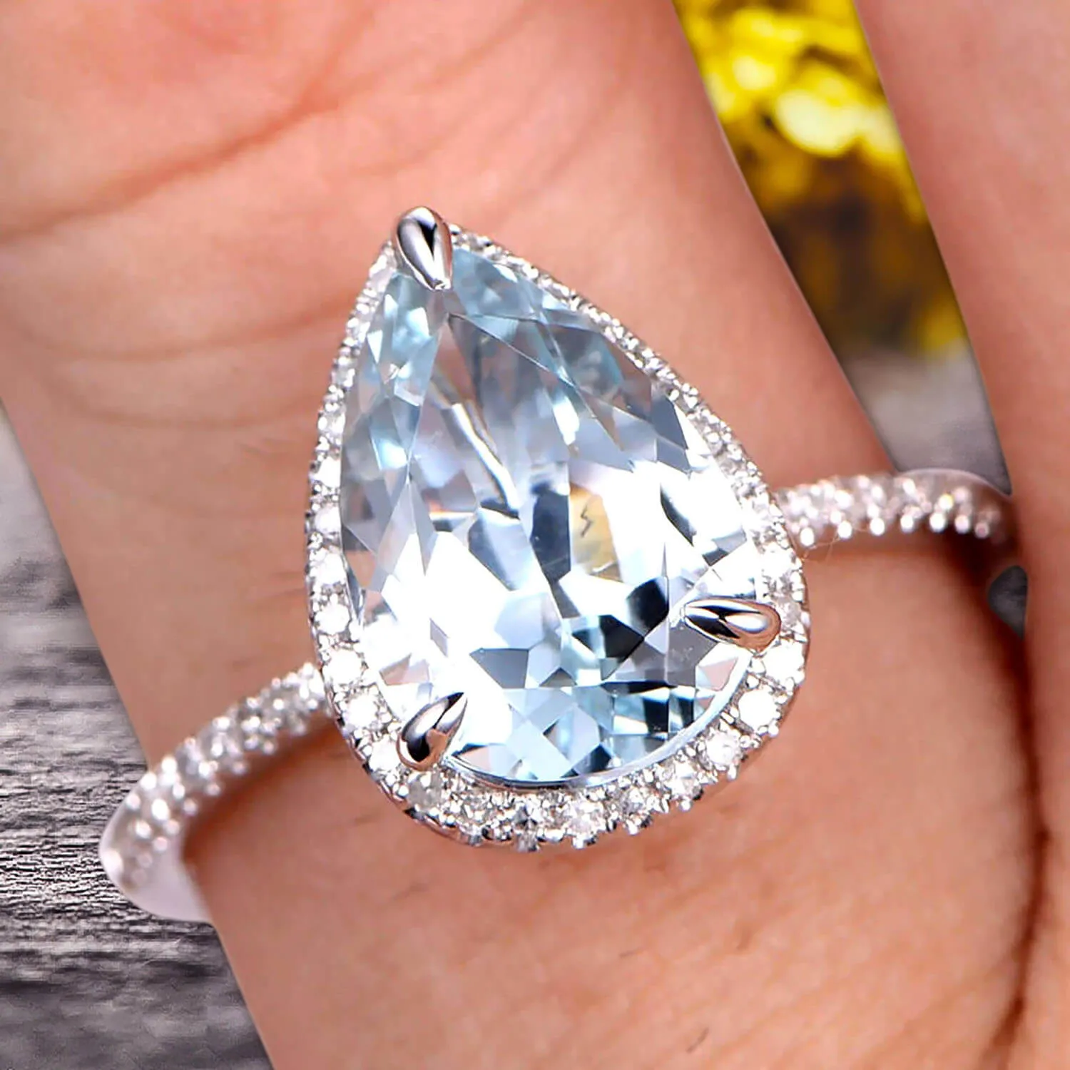 1.50 Carat Pear Shaped Aquamarine Engagement Ring 10k White Gold Halo setting