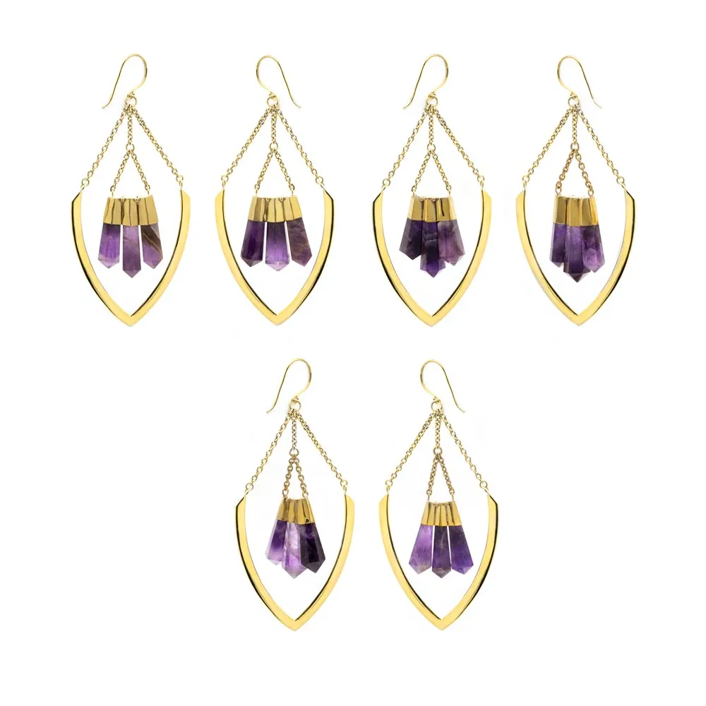 18g Amethyst Obelisk Polished Brass Shield Earrings — Price Per 2