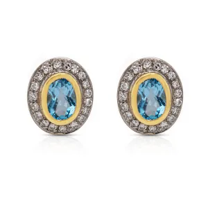 18K Gold, Blue Topaz and Diamond Pave Oval SW Earrings